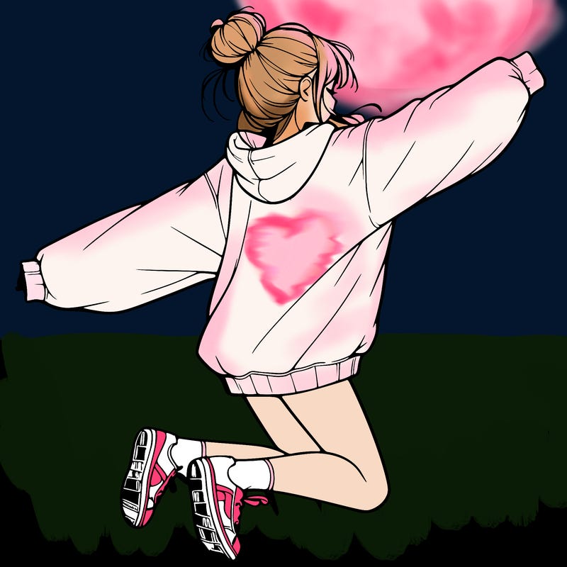 realistic girl jumping with a bun and oversized sweatshirt