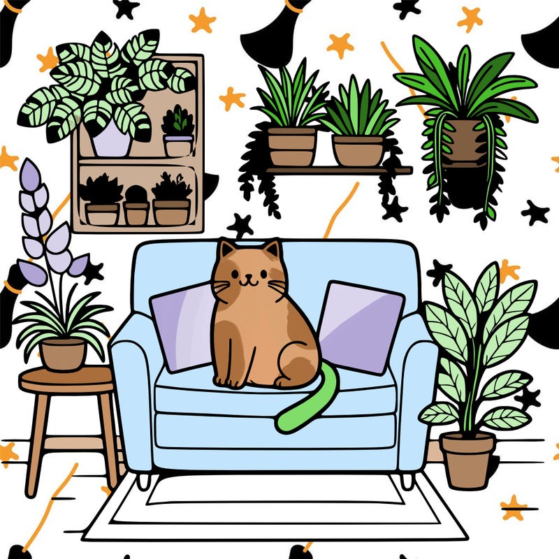cat on a sofa in a room full of plants
