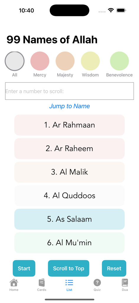 The Divine Names - A minimalist list view of the 99 names of Allah with colorful category filters and navigation buttons
