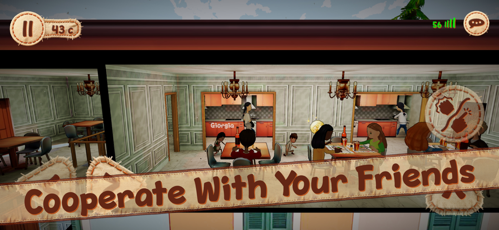 Pepelo 2: Around the World - Jogabilidade cooperativa de quebra-cabeça online de Pepelo 2 Volta ao Mundo com personagens em um restaurante.