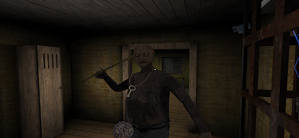 Granny: Chapter Two - Grandpa character holding a weapon and wearing a key necklace in a dark room of a horror game.