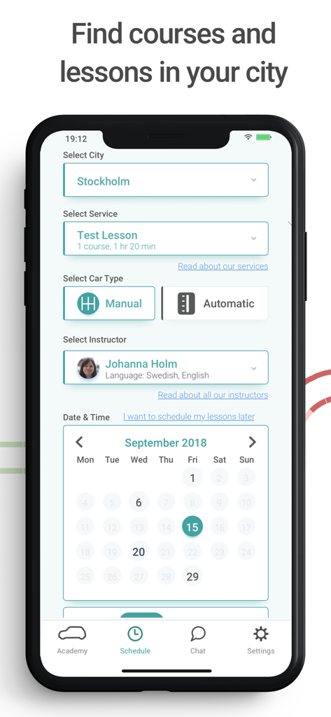 Mitt Körkort - Mobile app interface for booking driving lessons and selecting instructors in Stockholm