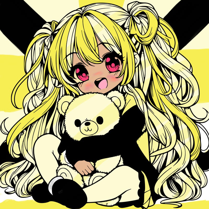 manga girl, long curly hair, happy, cuddling a teddy bear