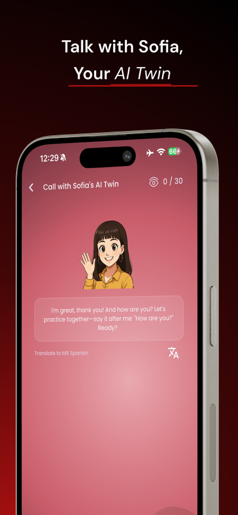 Aprender Inglés in 30 days - Práctica interactiva de conversación en inglés con Sofia AI Twin en la pantalla de un teléfono móvil