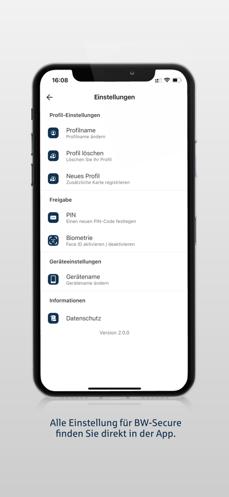 Settings screen of the BW-Secure app showing profile management and biometric security options