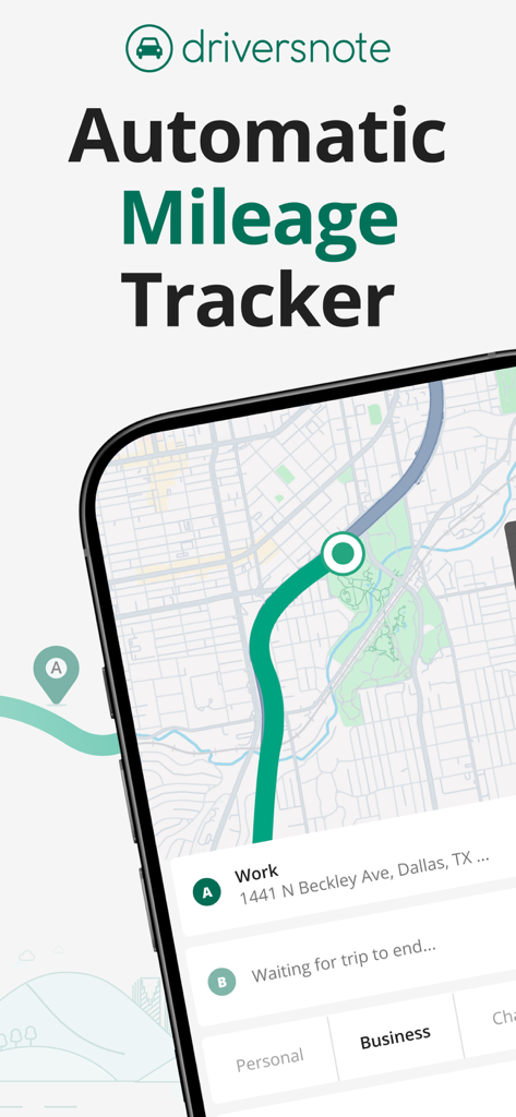 Driversnote mobile App-Oberfläche, die die automatische Kilometerverfolgung auf einer Karte mit Optionen zur Klassifizierung von Geschäfts- und Privatfahrten zeigt.