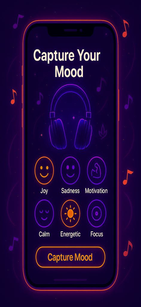 AI Music Generator: Lyric - Interface do Gerador de Música IA mostrando opções para capturar humores como alegria, tristeza e motivação para a criação de músicas