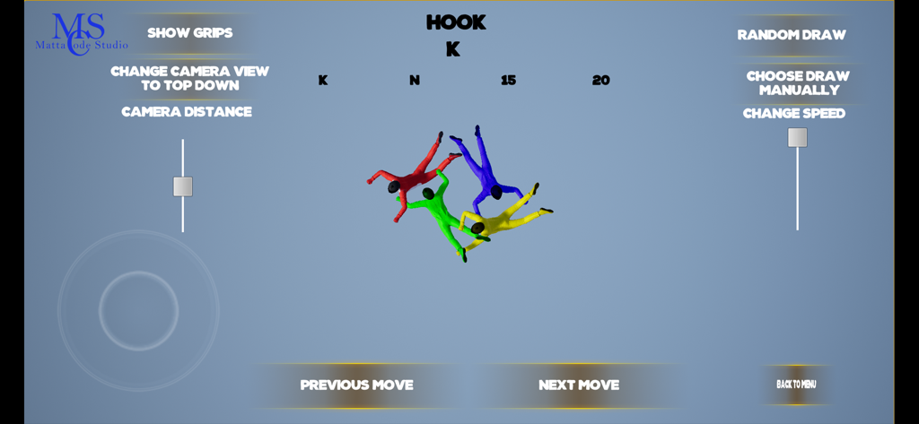 FS Formation Skydiving - 3D visualization of a four-person hook formation in the FS Formation Skydiving training app