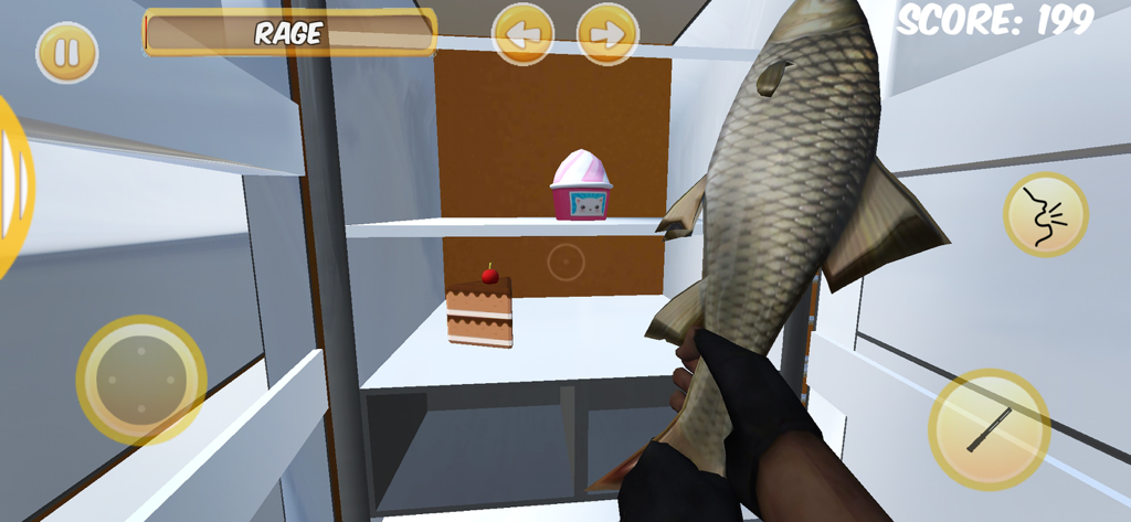 Neighbors OGのゲームプレイの一人称視点。開いた冷蔵庫の前に大きな魚を持っているキャラクターが見える