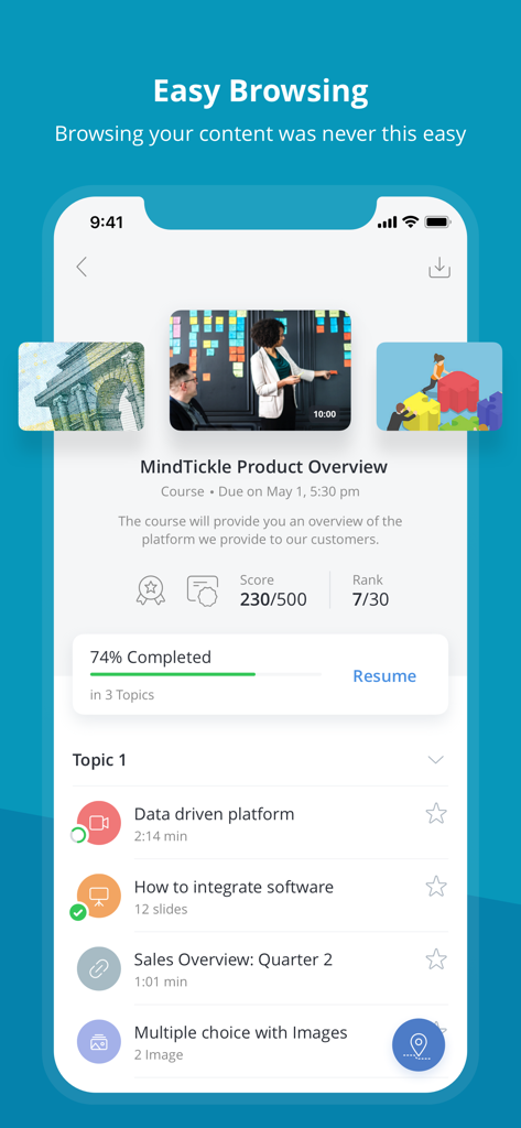 Mindtickle - Mindtickle app interface showing a sales training course with progress tracking and score ranking