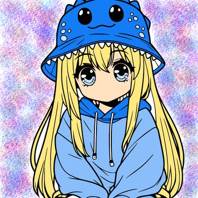 girl with anime shaped eyes with a dinosaur bucket hat oversized sweatshirt long straight hair