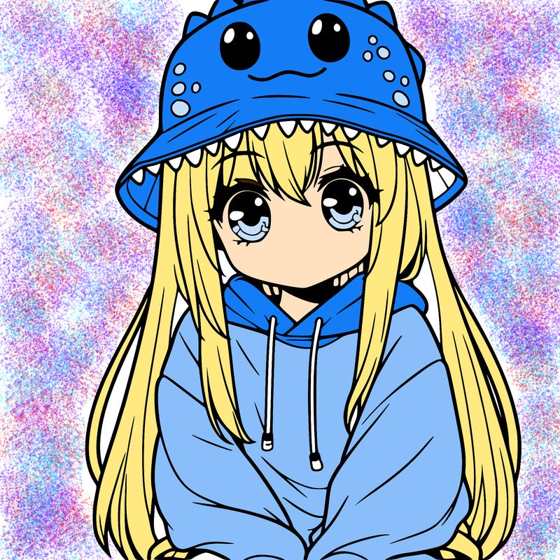 girl with anime shaped eyes with a dinosaur bucket hat oversized sweatshirt long straight hair