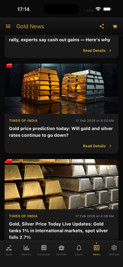 Nachrichtenbereich der Goldpreis-App, der Schlagzeilen und Artikel über Gold- und Silbermarkttrends anzeigt