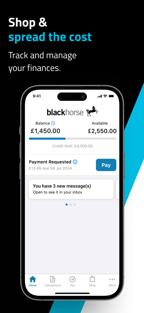Black Horse FlexPay mobile app dashboard displaying current balance and credit limit