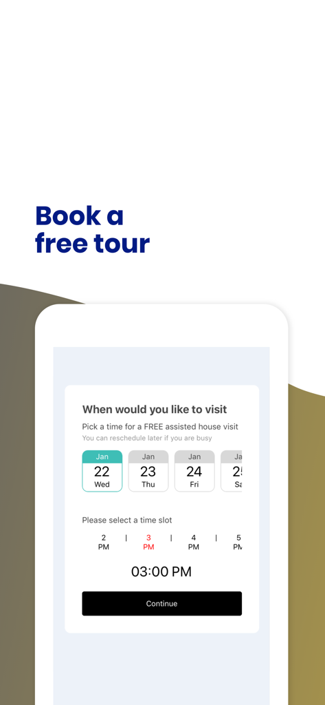 Hello World Homes - Hello World Homes mobile app screen for scheduling a free house tour with date and time pickers