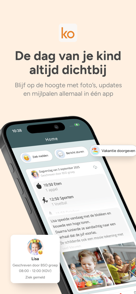 Mobile app interface of OuderApp van Konnect showing a child's daily timeline with activity updates and photos