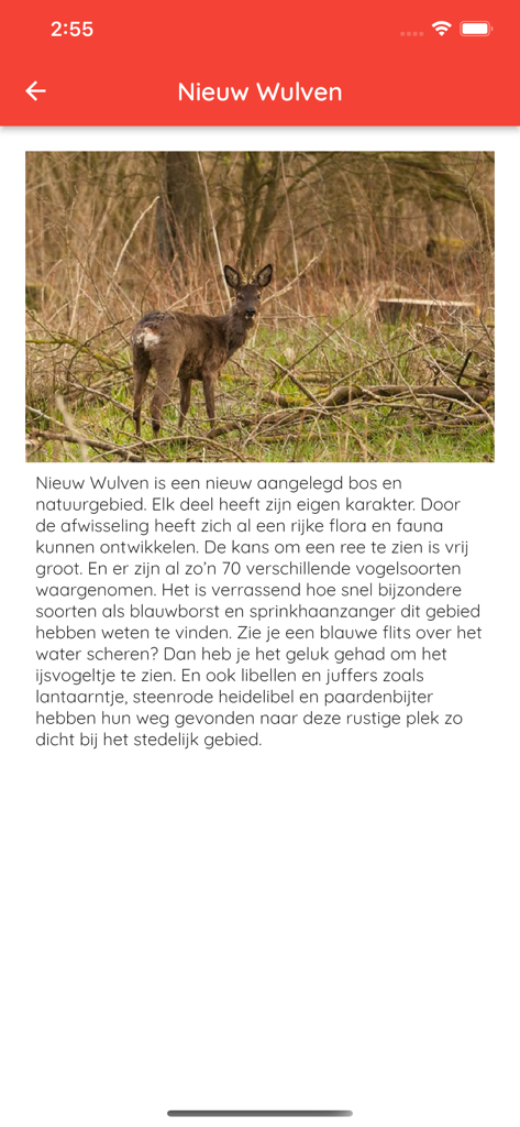 Klompenpaden - Screenshot of the Klompenpaden app showing details about the Nieuw Wulven nature area with a photo of a deer in the woods.