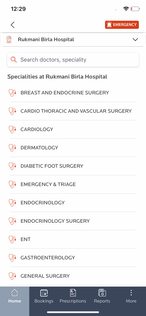 CK Birla Hospitals - CK Birla Hospitals app interface showing available medical specialties at Rukmani Birla Hospital