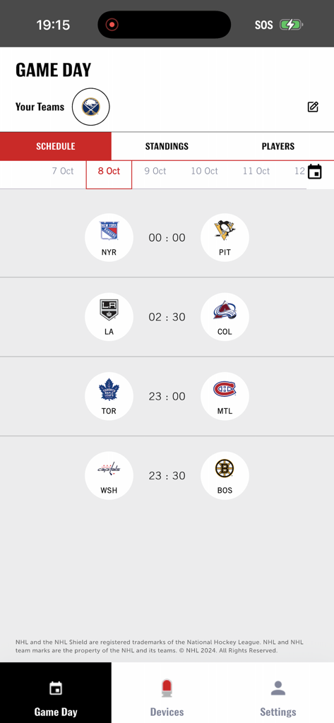 Budweiser Sports App - Budweiser Sports App Game Day screen showing the NHL game schedule and team matchups