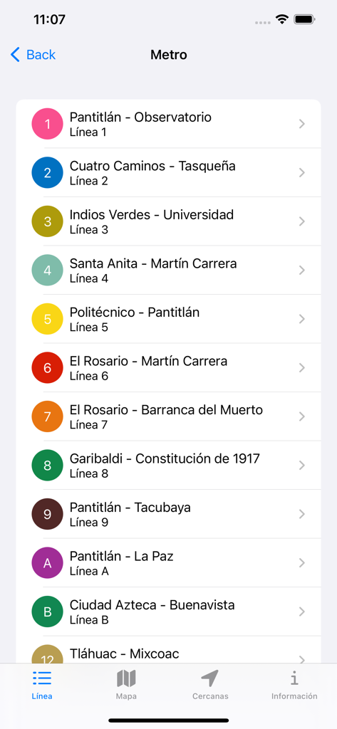 A screen from the Red Transporte CDMX app showing a list of Mexico City Metro lines with their corresponding colors and destination names