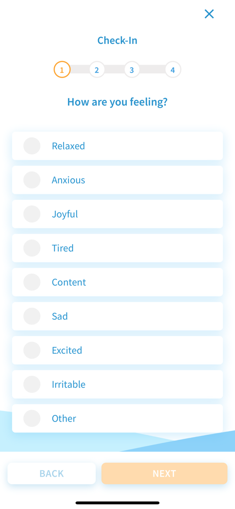 Check-in screen in the Unwinding Anxiety app asking how the user is feeling with multiple emotion options