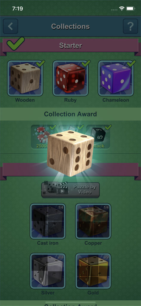 Dice-n-Roll online Yatzy - A screen from the Dice-n-Roll app showing a collection of unlockable dice skins like wooden, ruby, and chameleon