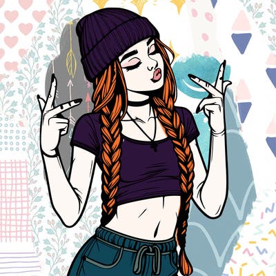 realistic teenage girl with braids and a beanie and crop top doing 🫶🏼