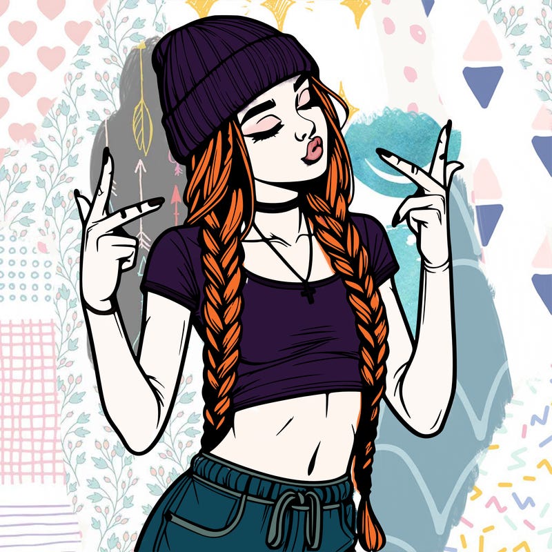 realistic teenage girl with braids and a beanie and crop top doing 🫶🏼