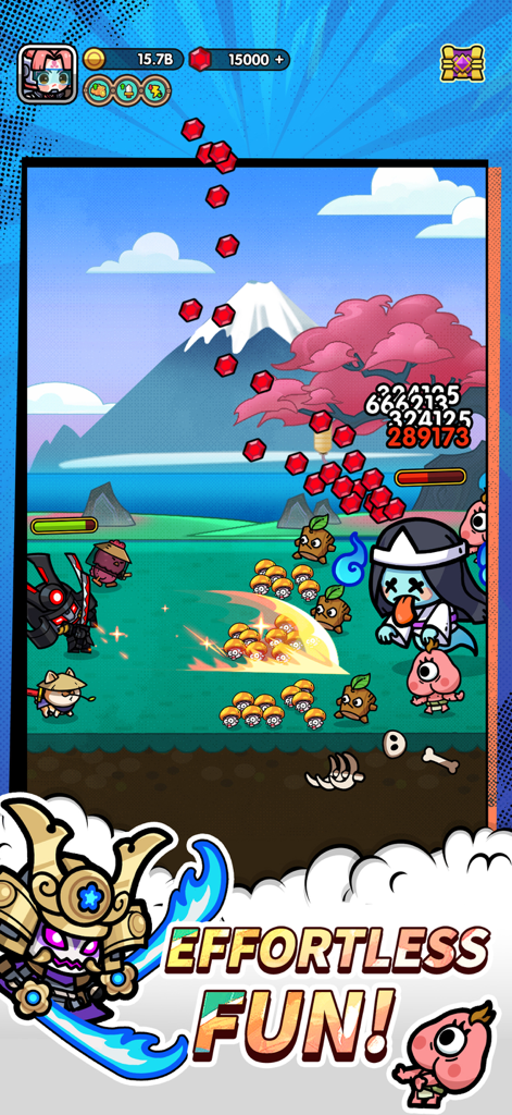 Prince GO - 侍キャラクターと「Effortless Fun」というスローガンが表示された、Prince GOの放置系RPGバトルシーン。