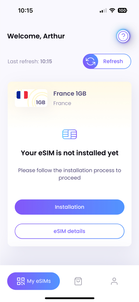 Interface do aplicativo SimOptions mostrando um plano de dados de 1GB para a França aguardando instalação