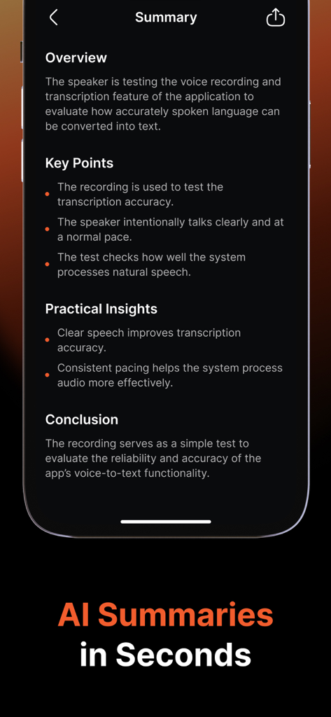 Whisper AI | Voice to Text - A screenshot of the Whisper AI app showing a structured AI-generated summary of a voice recording including key points and insights.