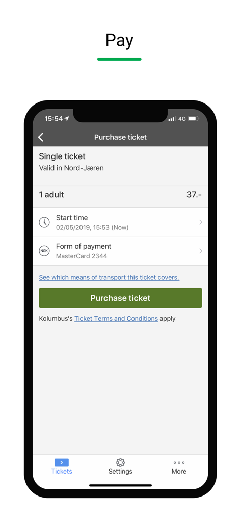 Screenshot of the Kolumbus Billett app purchase ticket screen showing a single adult ticket for Nord-Jaeren.