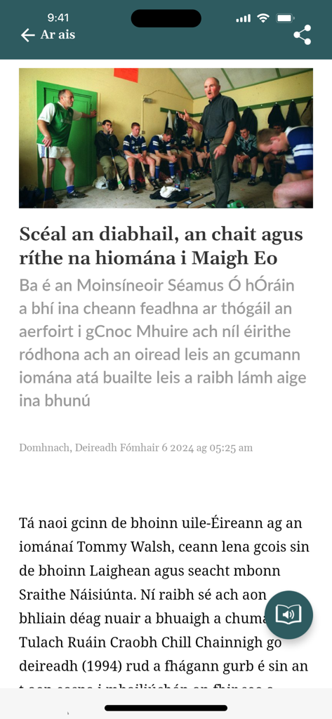 Tuairisc - Tuairisc app displaying an Irish language news article about hurling with a team photo