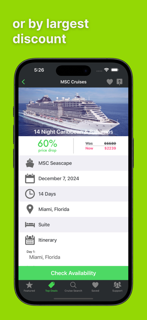 Mobile App-Screenshot, der einen Preisnachlass von sechzig Prozent auf eine vierzehntägige Kreuzfahrt in die Karibik und auf die Bahamas zeigt