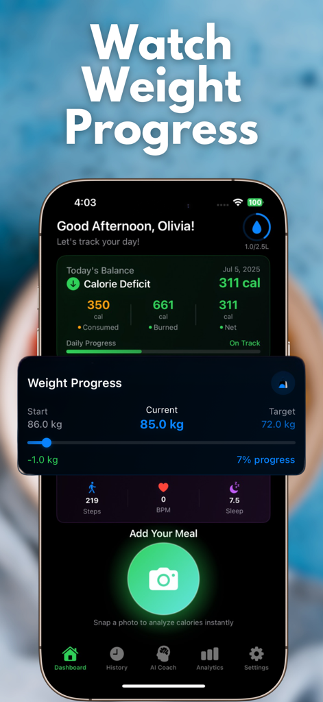 AI Calorie Deficit - SnapCal - Panel de la aplicación SnapCal que muestra el seguimiento del progreso de peso con pesos de inicio, actual y objetivo.