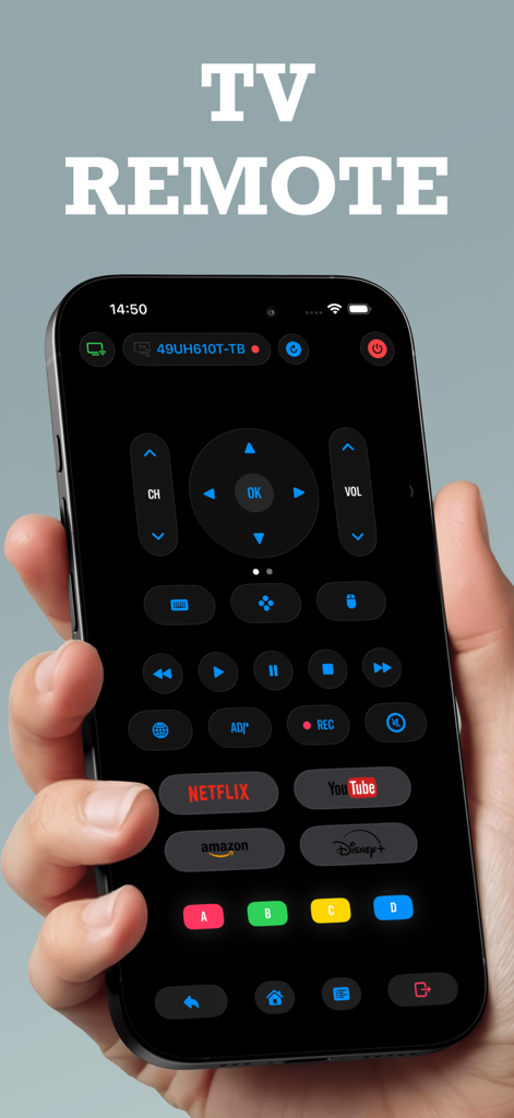 Remote Plus - Smart TV Remote - Remote Plus App-Oberfläche, die Smart-TV-Steuerung und Streaming-Verknüpfungen im Dark Mode zeigt