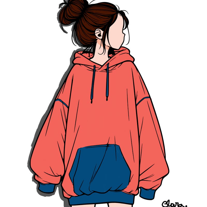realistic girl with a oversized sweatshirt on and a bun