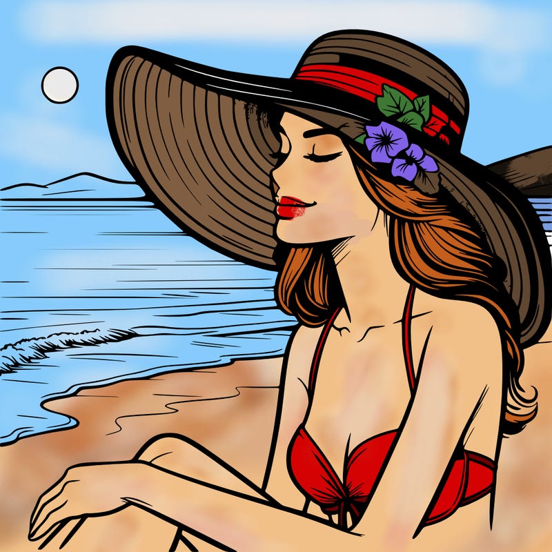 realistic woman on a beach with sun hat