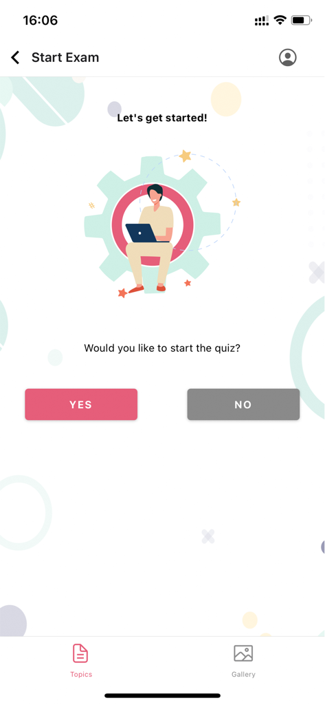 APMOPS & HCIC - Start exam screen in the APMOPS app with a prompt to begin the math competition quiz
