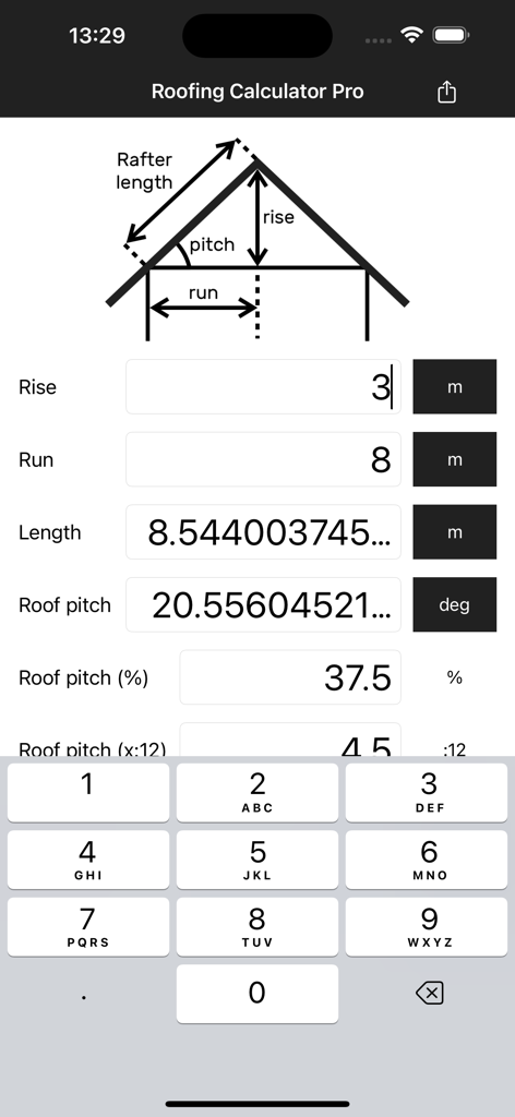 Roofing Calculator Pro - Roofing Calculator Pro app interface showing rafter length and roof pitch calculations based on rise and run inputs.