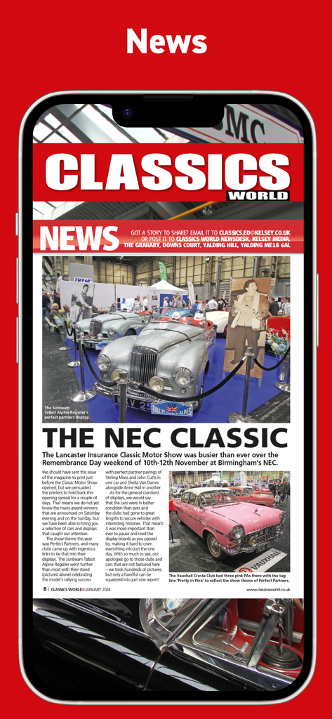 Classics World Magazine - A news article in the Classics World Magazine app featuring photos of vintage cars at the NEC Classic motor show.
