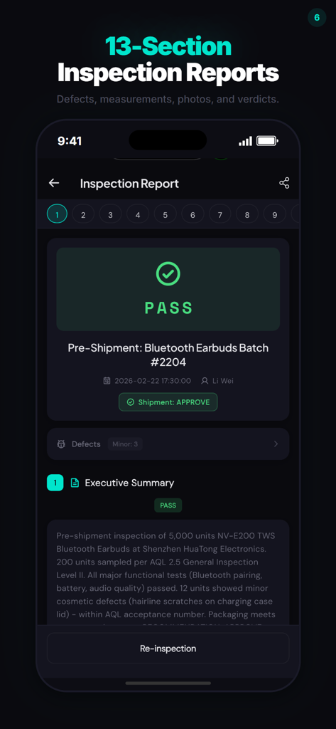 Spektor - Spektor mobile app screen showing a passed inspection report for Bluetooth earbuds.