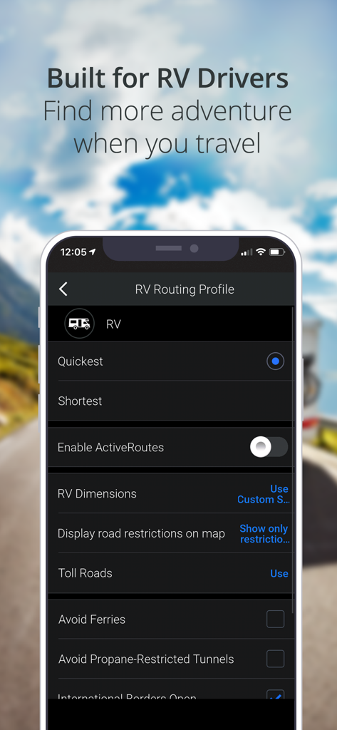 Configuración del perfil de rutas de RV de la aplicación CoPilot GPS para navegación específica del vehículo