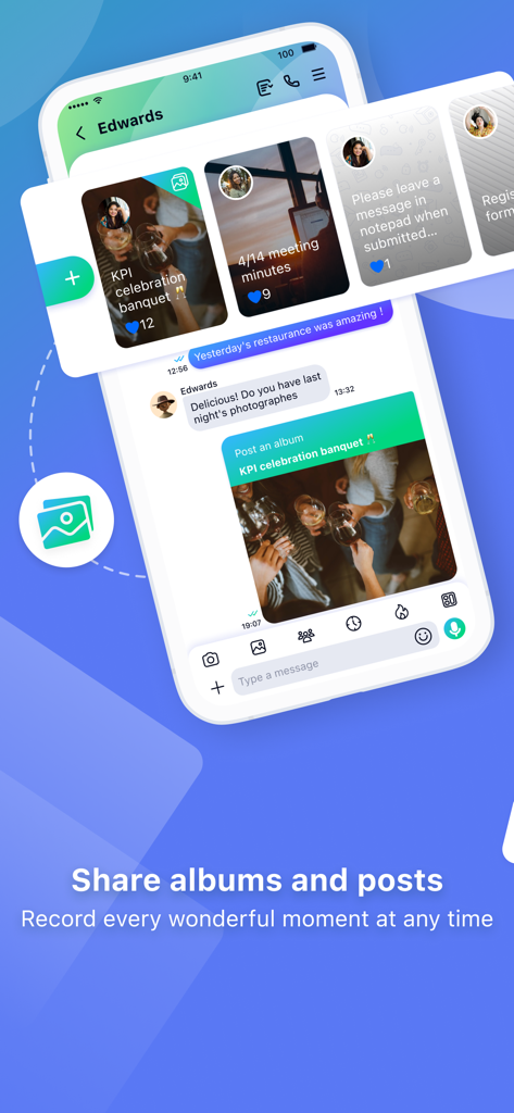 Letstalk IM - Letstalk IM chat interface displaying the share albums and posts feature