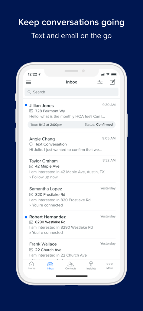Premier Agent - Premier Agent app inbox screen showing real estate lead messages and inquiries on a mobile device