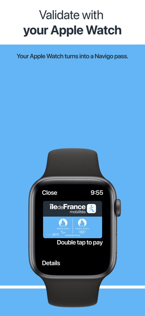 Île-de-France Mobilités - An Apple Watch displaying a digital Navigo pass for contactless transit validation in Paris