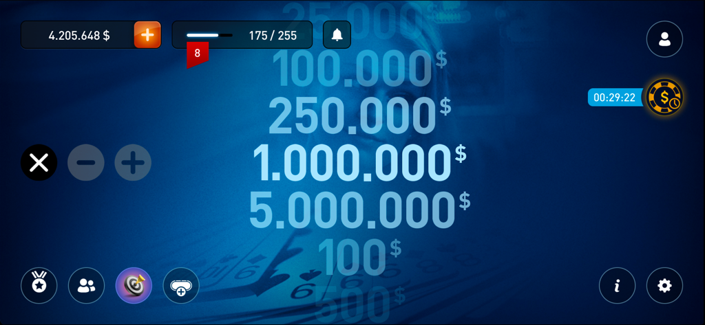 Bluff Game - Bluff Game bet selection menu with chip count and table stakes