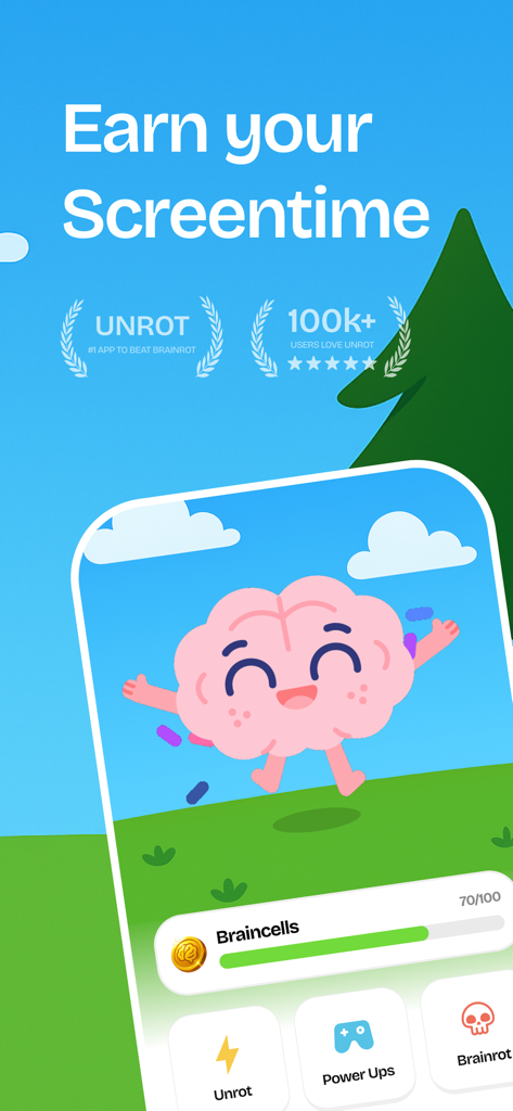Unrot: Earn your screentime - Interfaz de la aplicación Unrot con una mascota cerebral rosa feliz y una barra de progreso para las neuronas.