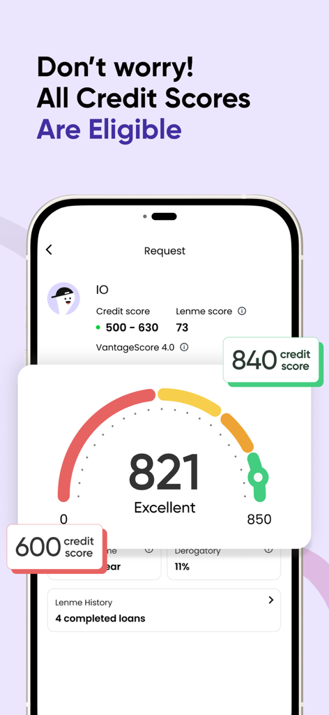 Interface of the Lenme app showing that all credit scores are eligible for loans with a gauge displaying an excellent score of 821.
