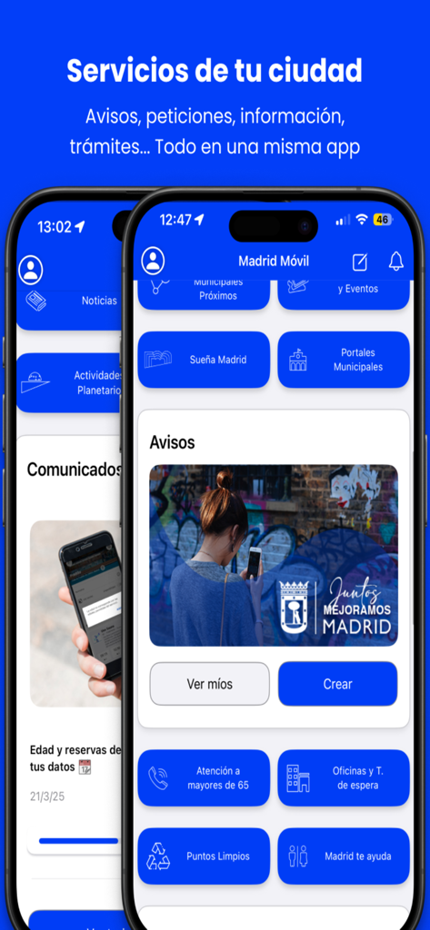 Interfaccia dell'app Madrid Movil che mostra vari servizi cittadini e funzionalità di segnalazione incidenti su uno schermo di smartphone.